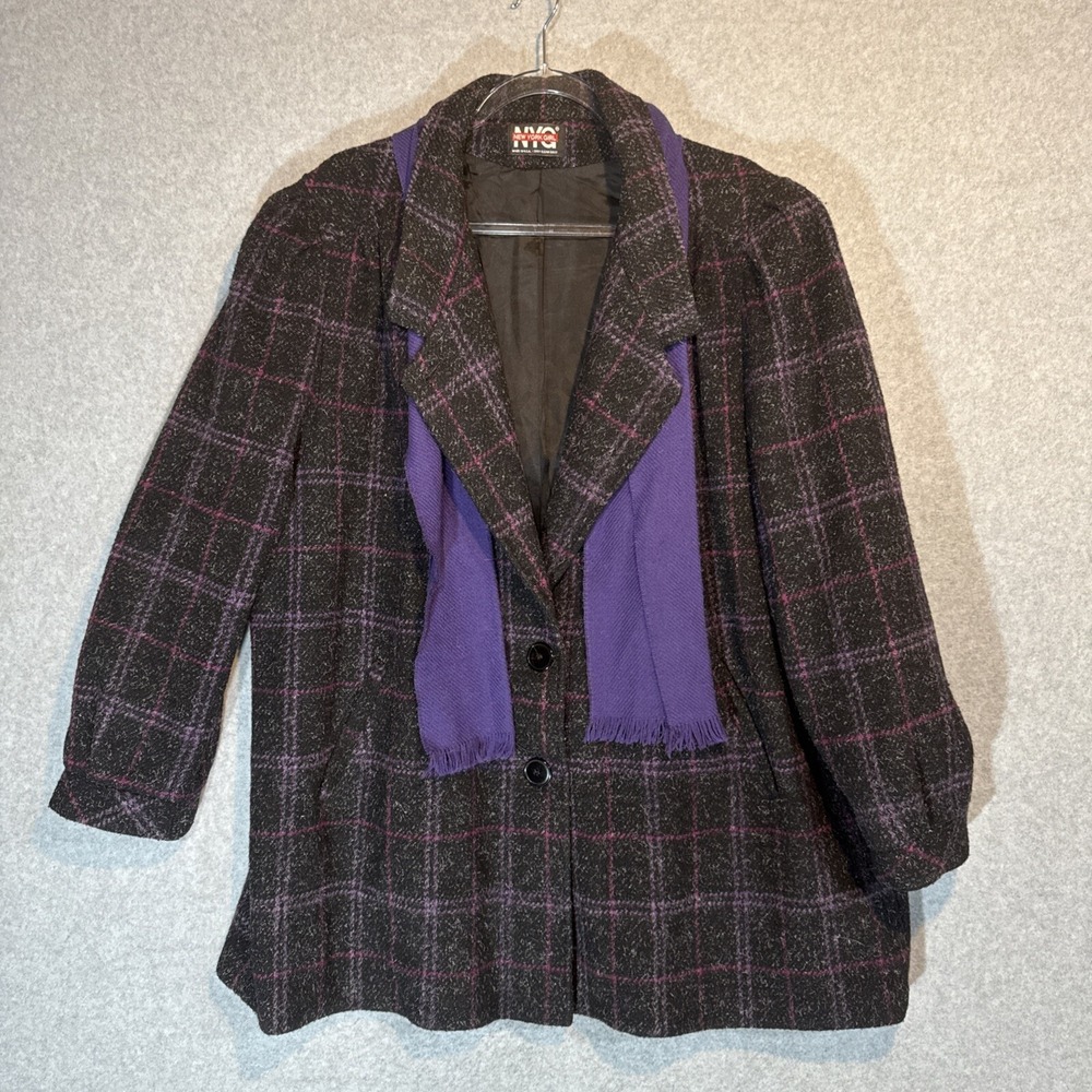 New York Girl Coat 22 1/2 Single Breasted Tweed Wool Lined Plaid VTG 90s Union